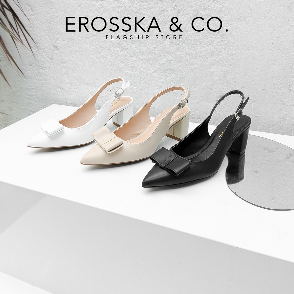 Erosska - Giày cao gót mũi nhọn phối quai đính nơ cao 5cm màu trắng - EH034