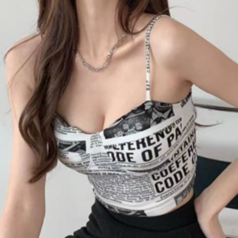Áo Croptop Hai Dây Cổ Khoét Sâu In Họa Tiết Báo Giấy Phong Cách Harajuku Quyến Rũ Cho Nữ