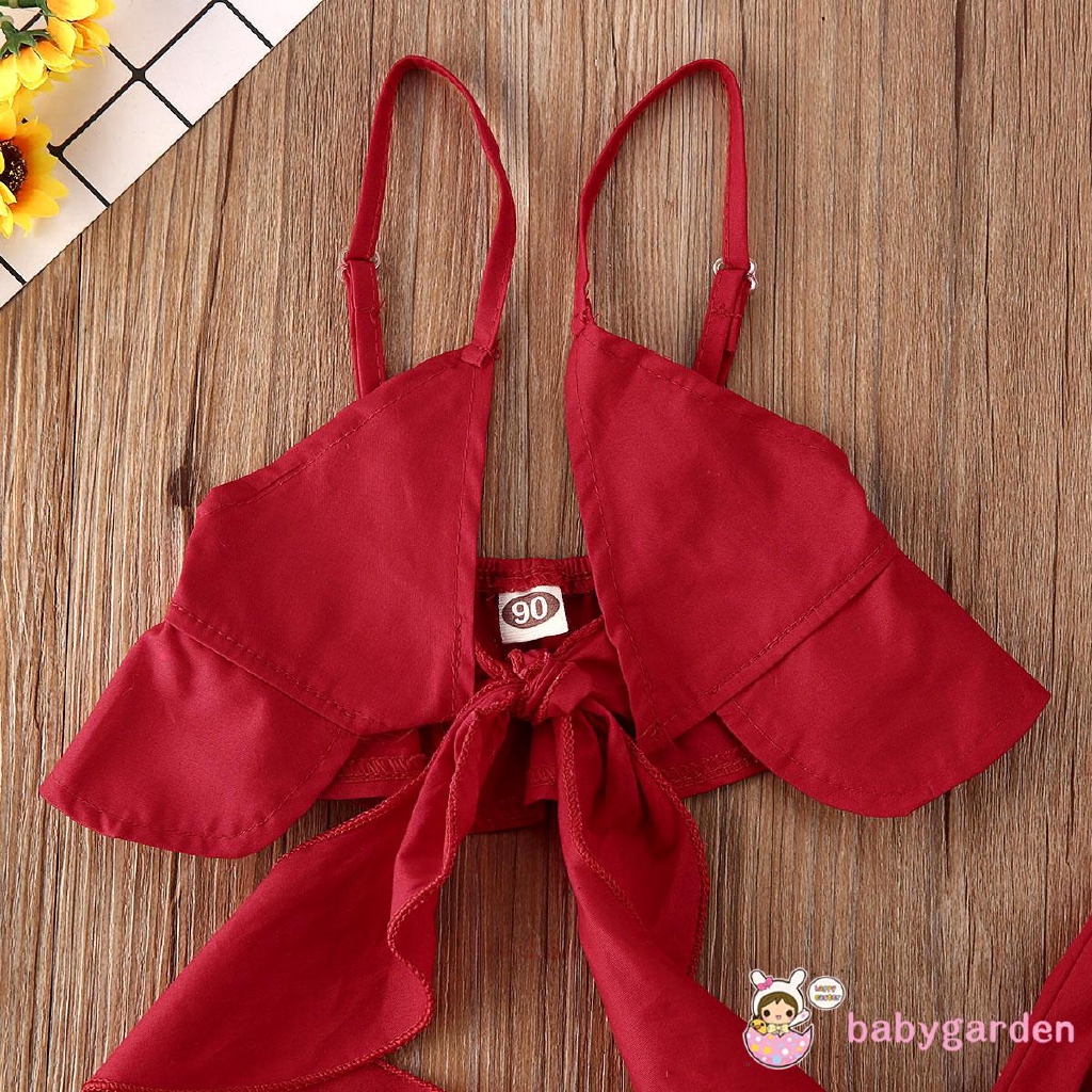 Bộ áo bèo nhún màu đỏ dạng buộc + quần lưng thun thời trang mùa hè cho bé gái