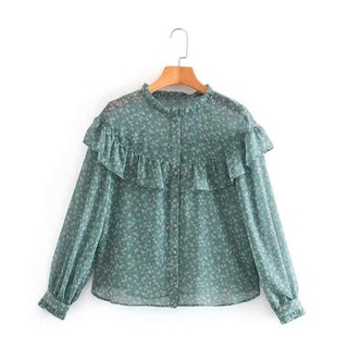 Áo kiểu sơ mi hoa voan bèo ngực túi zip