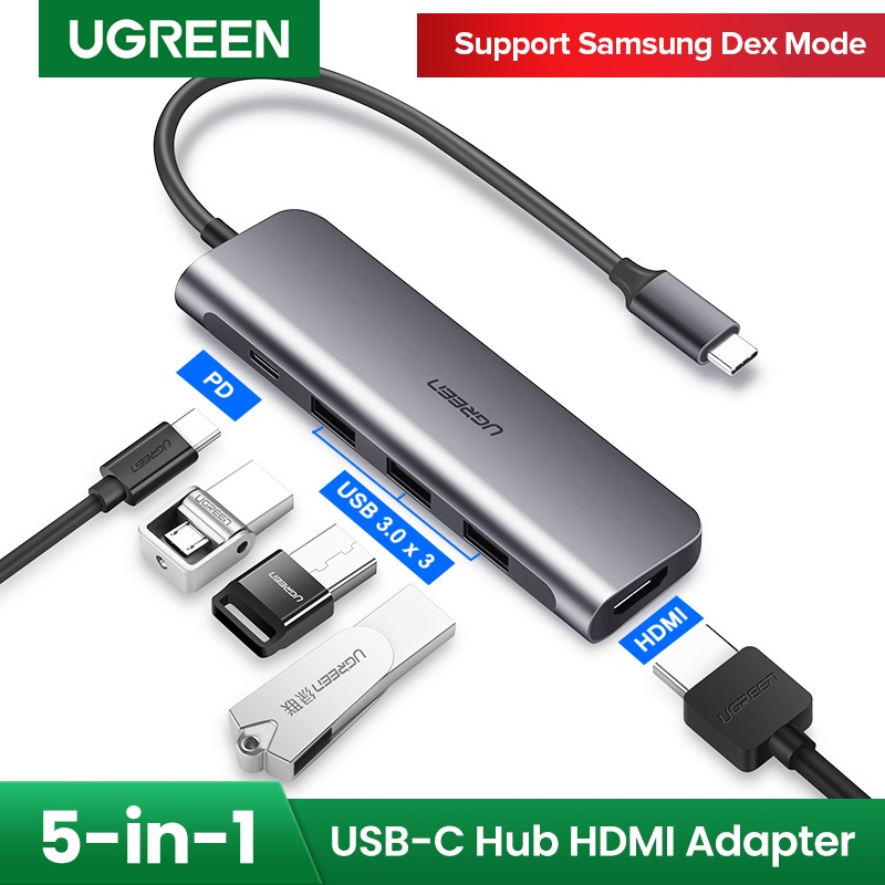 Cáp Chuyển Hub Ugreen 5 In 1 USB Type C Sang HDMI + USB 3.0*3 + PD Ugreen 50209 Chính Hãng Việt Nam