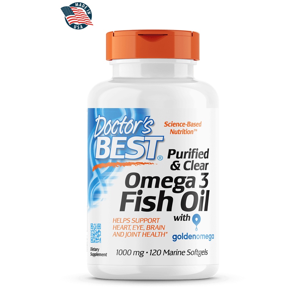 Purified & Clear Omega 3 Fish Oil With Goldenomega 1000mg - 120 viên Doctor's Best Mỹ - Bổ mắt, tim mạch, não và khớp