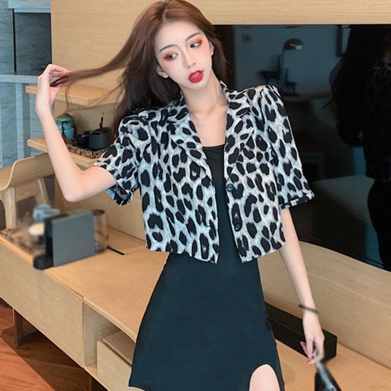 Áo Croptop Tay Ngắn Hoạ Tiết Da Báo Phong Cách Retro