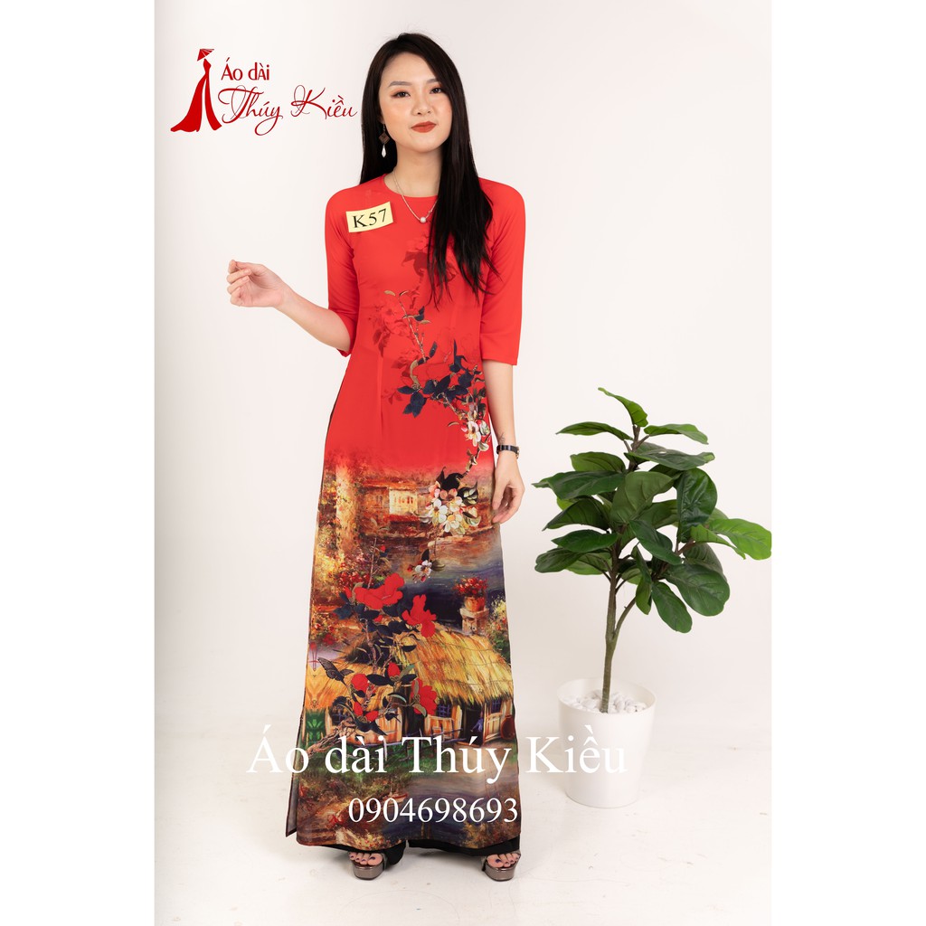 Áo dài nữ may sẵn thiết kế truyền thống đẹp cách tân tết phong cảnh K57 mềm mại, co giãn, áo dài giá rẻ