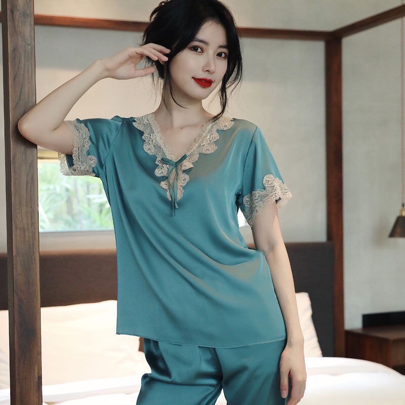 Đầm Ngủ Tay Ngắn Chất Lụa Phối Ren Quyến Rũ Thời Trang Xuân Thu Phong Cách Hàn Quốc Cho Nữ