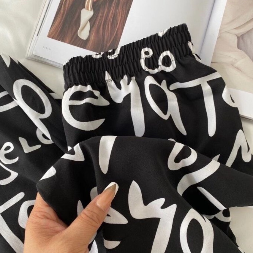 Quần Chiffon Ống Rộng Lưng Thun Co Giãn In Chữ Graffiti Thời Trang Mùa Hè Hàng Mới Dành Cho Bạn Nữ