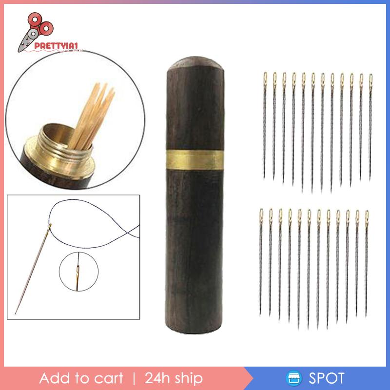 [Prettyia1] 24 Kim Xỏ Chỉ Tự Dính Với Hộp Đựng Kim Gỗ Màu Nâu_Golden