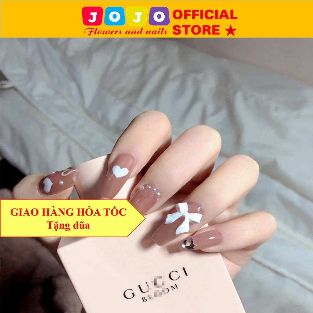 Bộ 24 móng tay giả vintage đính đá đính nơ Jojo X15 móng giả nailbox hotrend kèm keo tự làm tại nhà