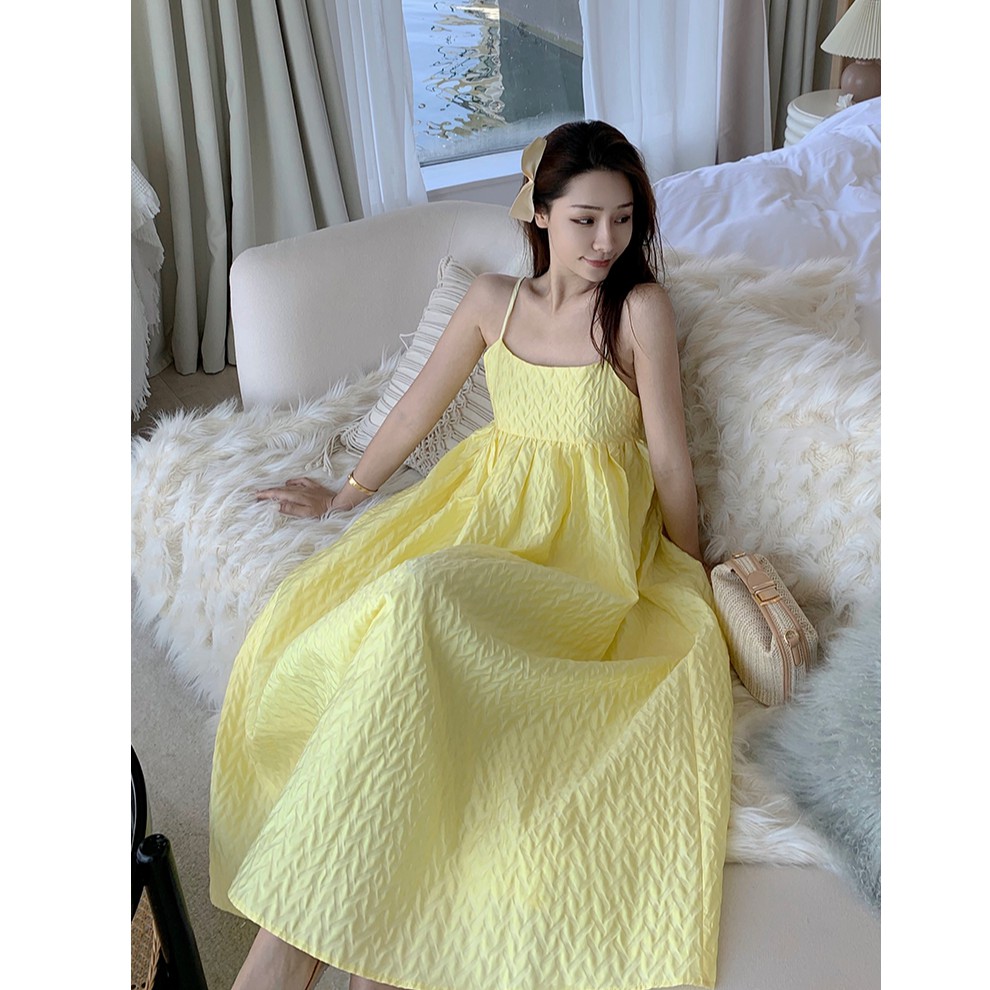 Đầm hai dây dáng xòe màu vàng Korea
