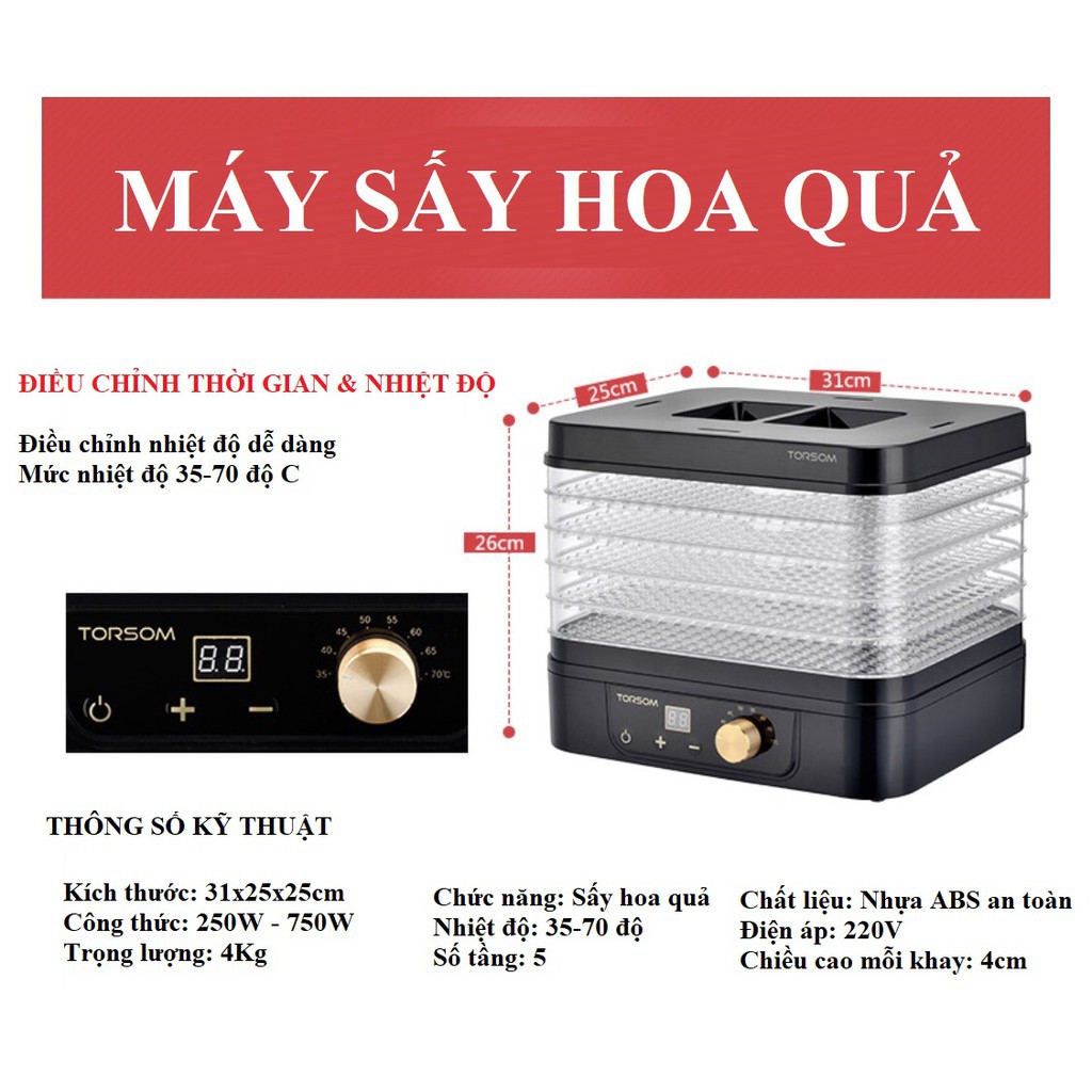 ∏Máy sấy hoa quả thực phẩm 5 tầng Torsom TS-D2 khô dẻo chức năng hẹn giờ