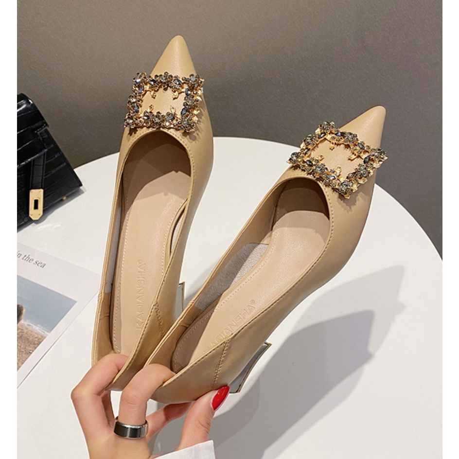 Giày cao gót đế vuông mũi nhọn charm đá 5p nữ da mềm thời trang công sở đẹp cao cấp -tiemgiaydazzling DA761