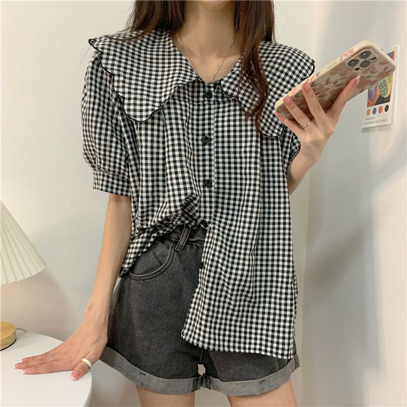 Áo babydoll Áo Sơ Mi Tay Ngắn Phồng Cổ Búp Bê Họa Tiết Sọc Caro Phong Cách Pháp Thời Trang Mùa Hè Cho Nữ