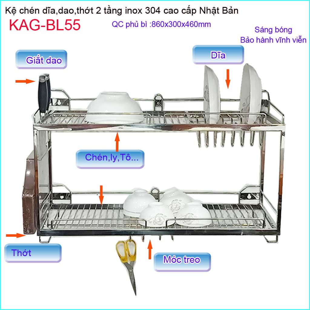Kệ đựng chén bát dài 80cm Inox Nhật SUS304 KAG-BL55- treo tường, kệ úp chén dĩa 2 tầng đa năng có giắt dao máng thớt