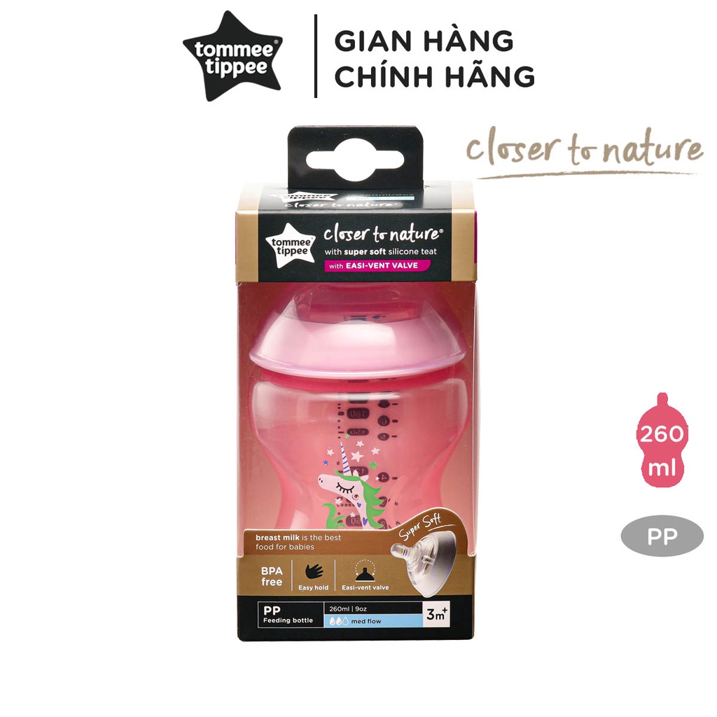 Bình sữa ty siêu mềm tự nhiên Tommee Tippee Closer to Nature 260ml, núm ty đi kèm 3-6 tháng - Hồng