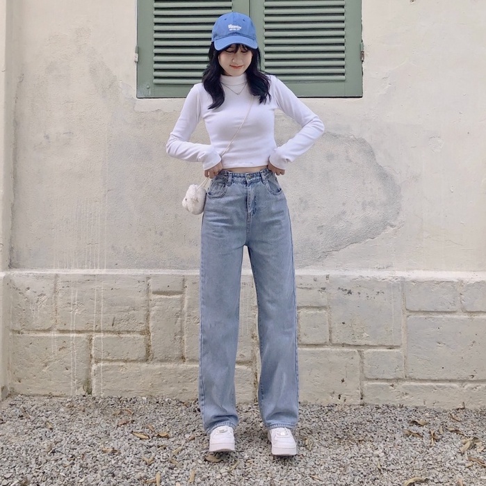 Quần jeans ống suông cạp có móc cài QB216 LOLLIE STUDIO