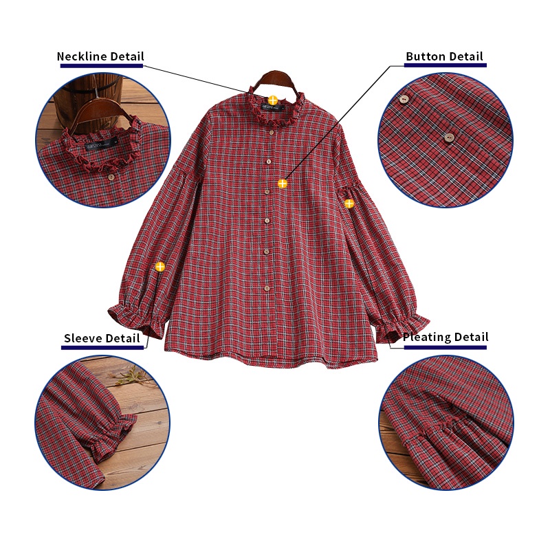 Áo sơ mi ZANZEA cổ tròn tay bèo họa tiết sọc caro thời trang dành cho bạn nữ