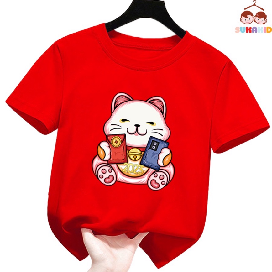 Gía sỉ Combo 4 Áo thun tết hình con mèo cầm bao lì xì tết ,áo cho bé từ 6kg-30kg.AT06.