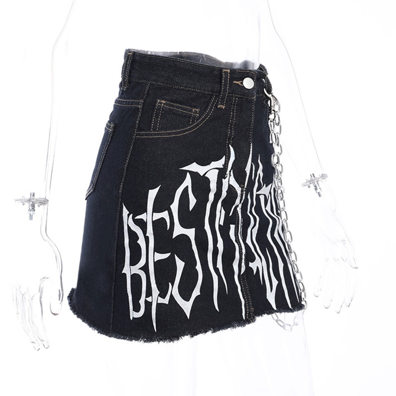 Chân váy jean Bút Chì Màu Đen Lưng Cao In Chữ Phong Cách Gothic Harajuku Cho Nữ