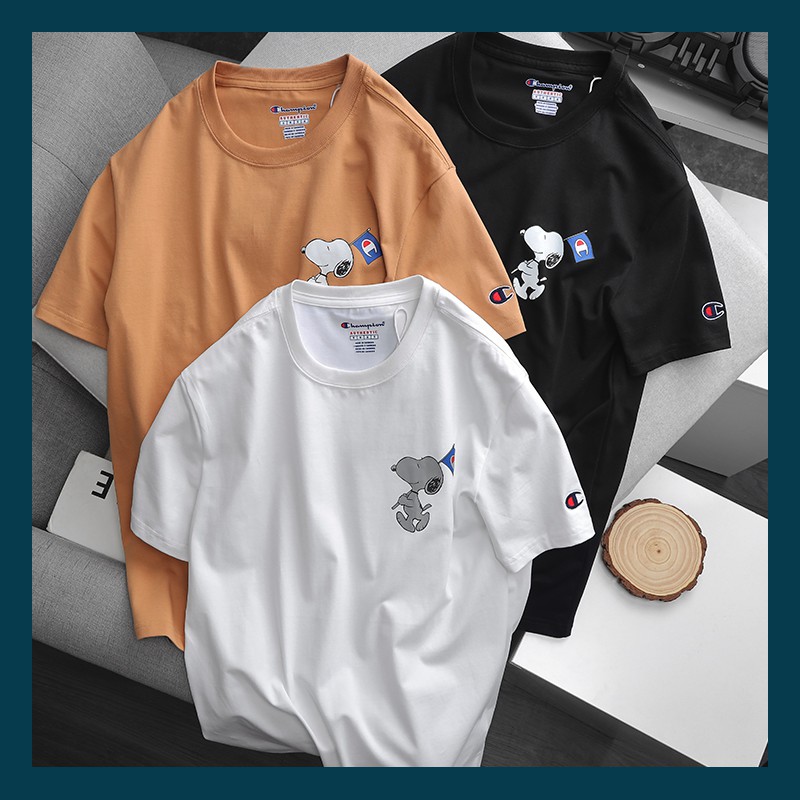 Áo Thun Hình Snoopy CHAMPION Cổ Tròn Thun Cotton 4 Chiều