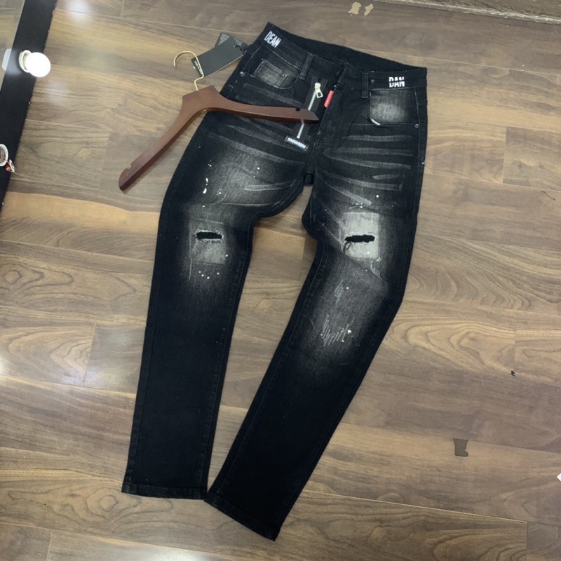 Quần Jean Nam Đen Khoá Lệch Phối Cạp Chữ Rách Xước | BigBuy360 - bigbuy360.vn