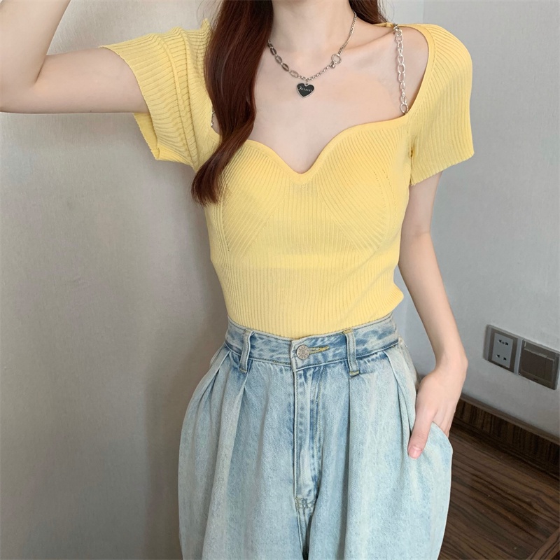 SUXI Áo Croptop Dệt Kim Tay Ngắn Màu Sắc Thời Trang Mùa Hè Cho Nữ