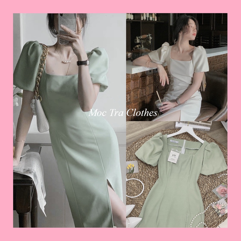 Đầm body thiết kế cổ vuông tay bồng vintage, xẻ đùi sang chảnh, Váy dự tiệc nữ sang trọng lịch sự rẻ đẹp