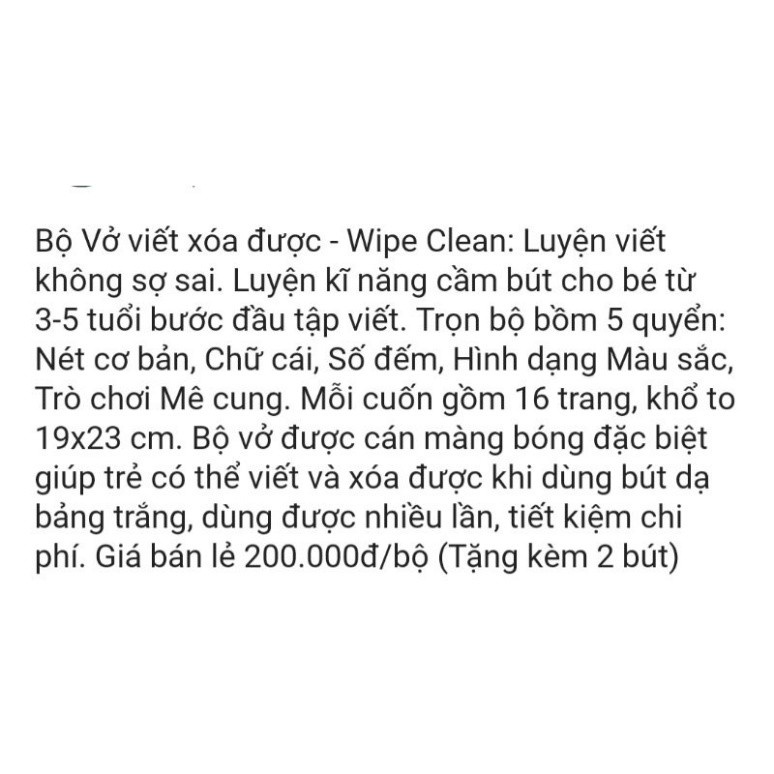 Combo 5 quyển luyện viết xóa được TẶNG KÈM 2 bút