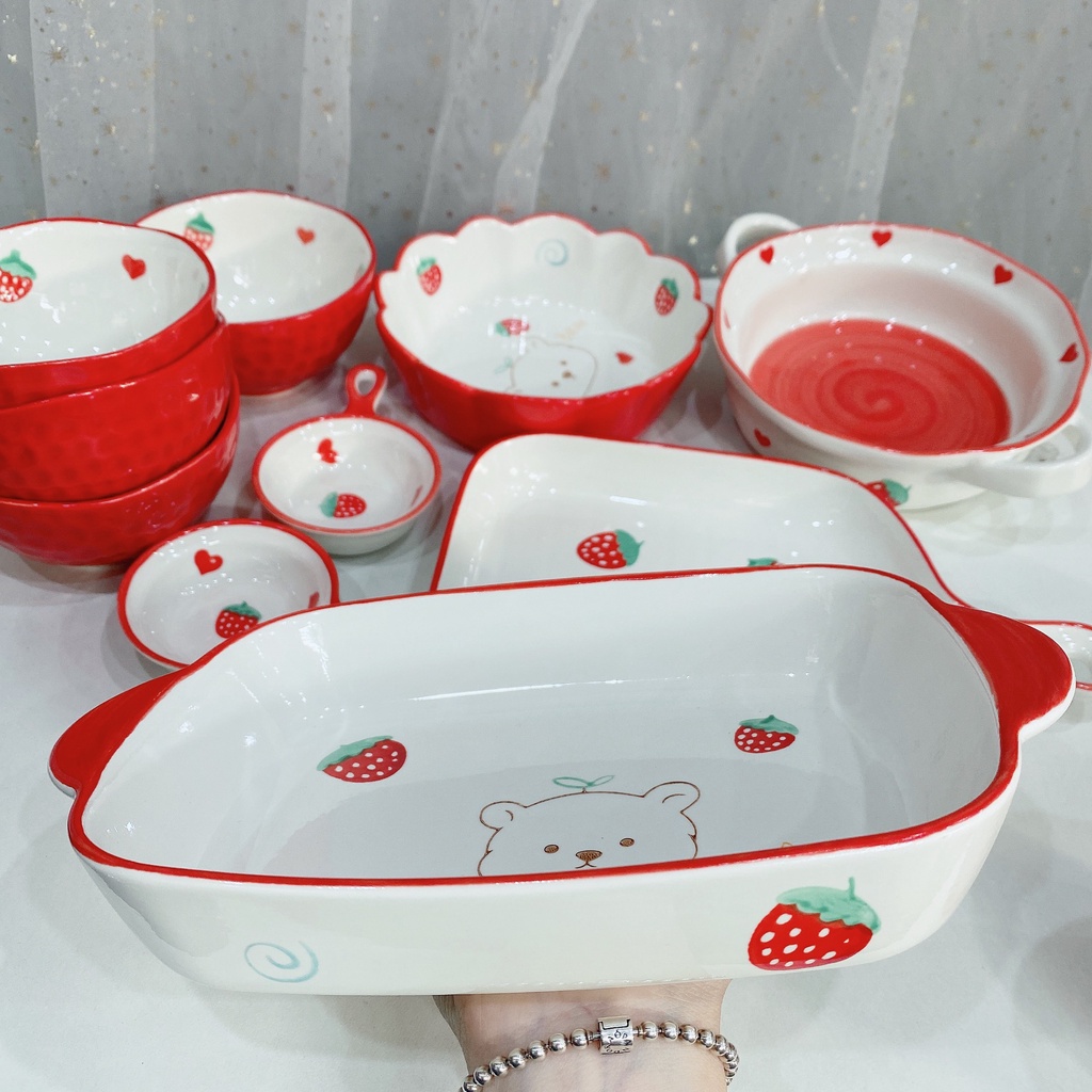 Bộ bát đĩa sứ decor trang trí món ăn dâu tây gấu đỏ 10 món siêu đẹp