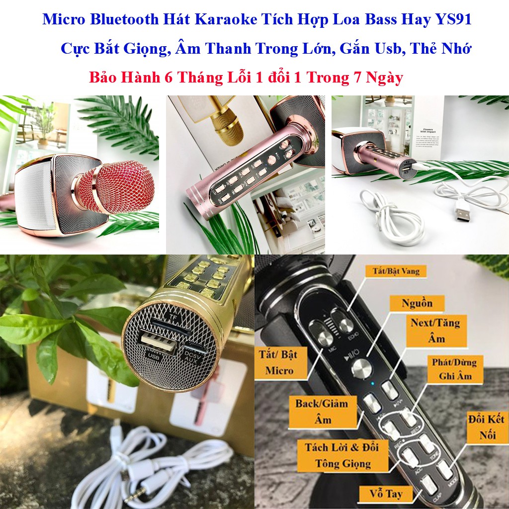 Micro Karaoke Bluetooth Ys-91, Hát Karaoke Bass Chuẩn, Lọc Tạp Âm, Hút Âm Tốt, Âm Thanh Trung Thực, Độ Ấm Cao