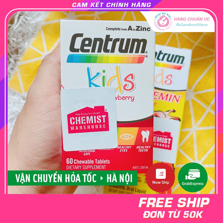 [Tem CHEMIST] Vitamin tổng hợp Centrum Kids Multi Vitamin Strawberry từ 3 tuổi trở lên 60 viên - Úc