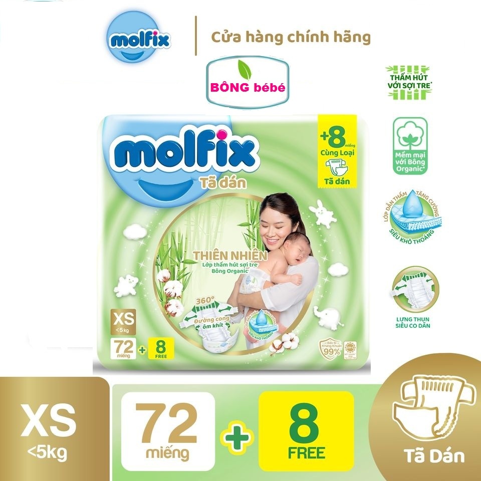 Bỉm dán Molfix thiên nhiên an toàn bông tự nhiên size sơ sinh XS (&lt; 5kg) cộng miếng XS44/XS80