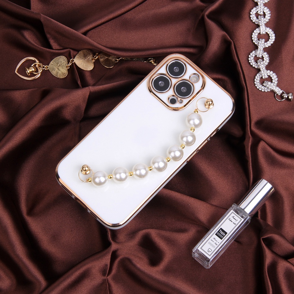 Ốp Điện Thoại Dẻo Mạ Màu Ngọc Trai 3D Sang Trọng Kèm Dây Đeo Cho iPhone 7 8 Plus 11 12 13 Pro MAX X XR XS MAX SE 2020 2022