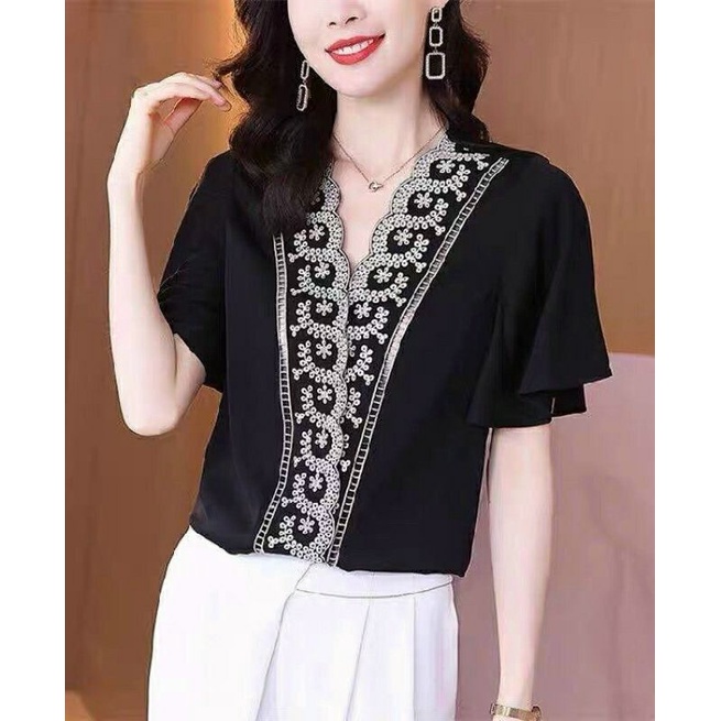Hàng nhập - Áo kiểu nữ tay cánh tiên thêu hoa viền cổ, áo lụa xinh cho chị em công sở