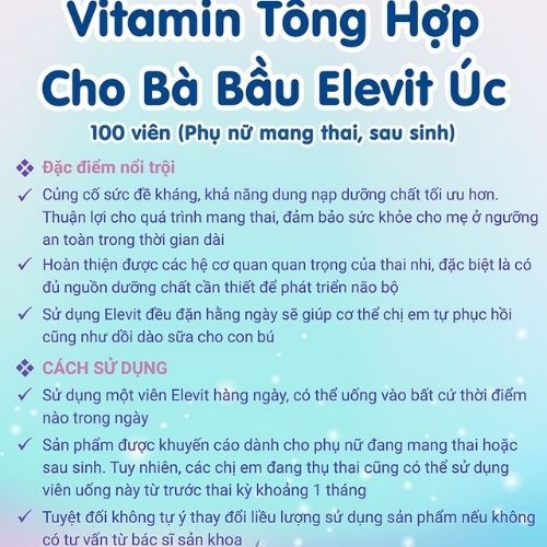 Vitamin tổng hợp Elevit Bầu, Úc (100 viên) bổ sung Vitamin, D3, Axit Folic cho mẹ bầu, mẹ sau sinh - Trend girls online