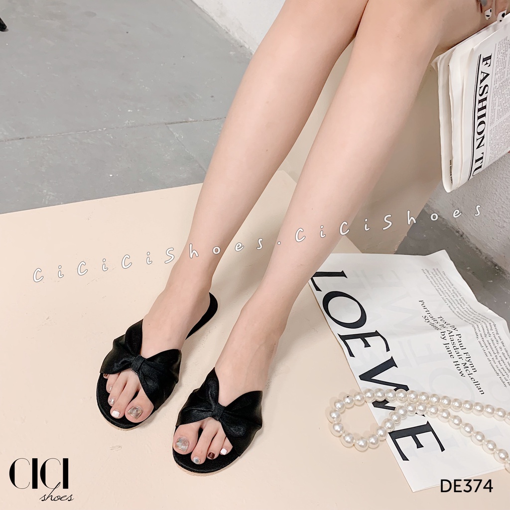 Dép bệt nữ CiCi Shoes mũi tròn, dép lụa thắt nơ giữa - DE374