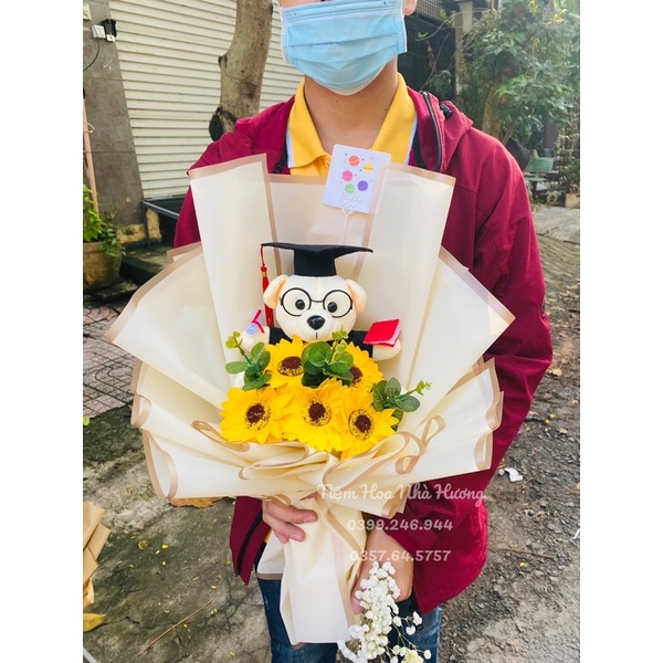 Bó hoa gấu tốt nghiệp mix hoa hướng dương siêu xinh 05 bông - Quà tặng tốt nghiệp (Ảnh thật 100%)