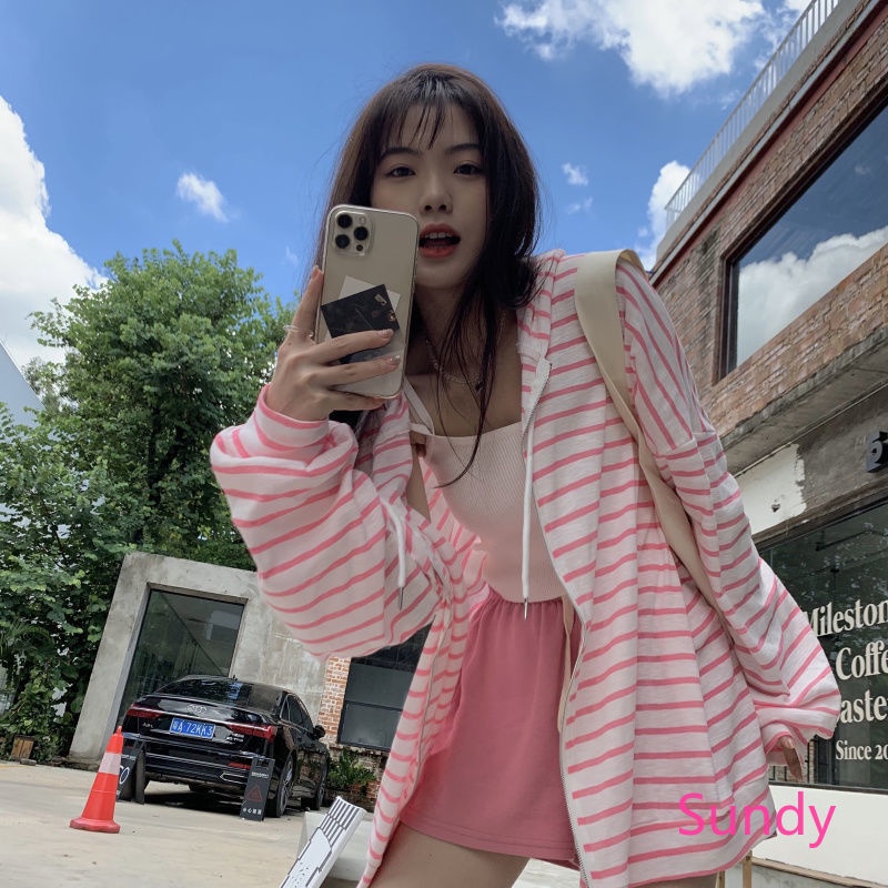 Áo Khoác Cardigan Chống Nắng Dáng Rộng Họa Tiết Kẻ Sọc Thời Trang Mùa Thu Phong Cách Hàn Quốc Cho Nữ