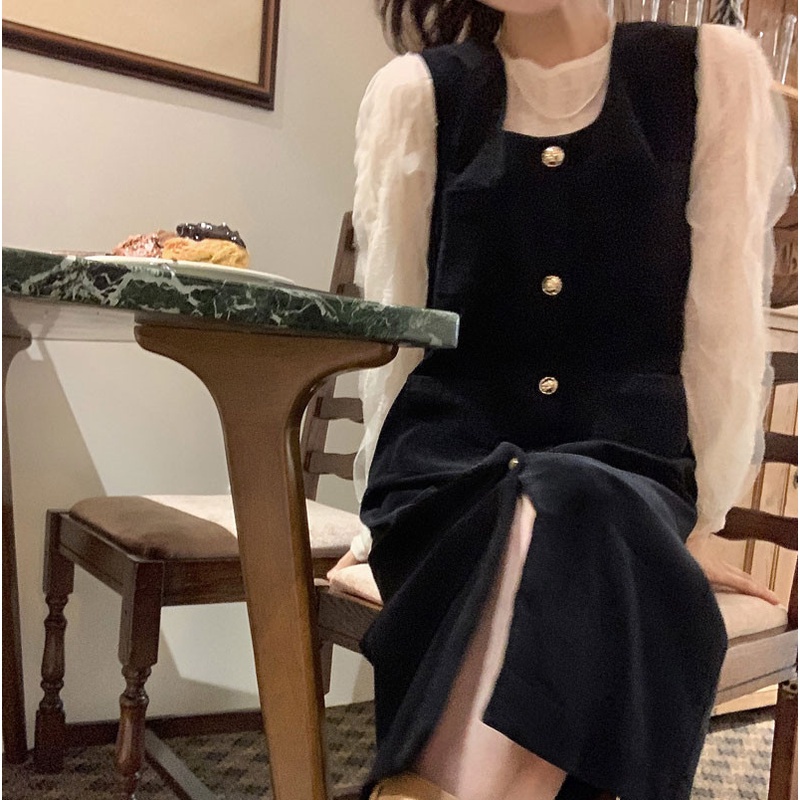 Set áo sơ mi cổ tròn dài tay và chân váy phong cách retro 48042