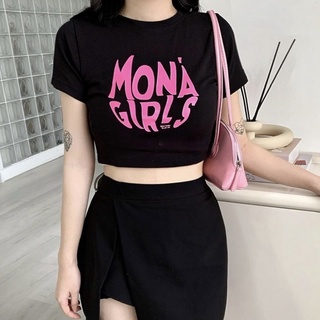 Áo Croptop Tay Ngắn In Chữ Mona Girl Chữ Hồng Chất cotton co dãn Siêu Mát