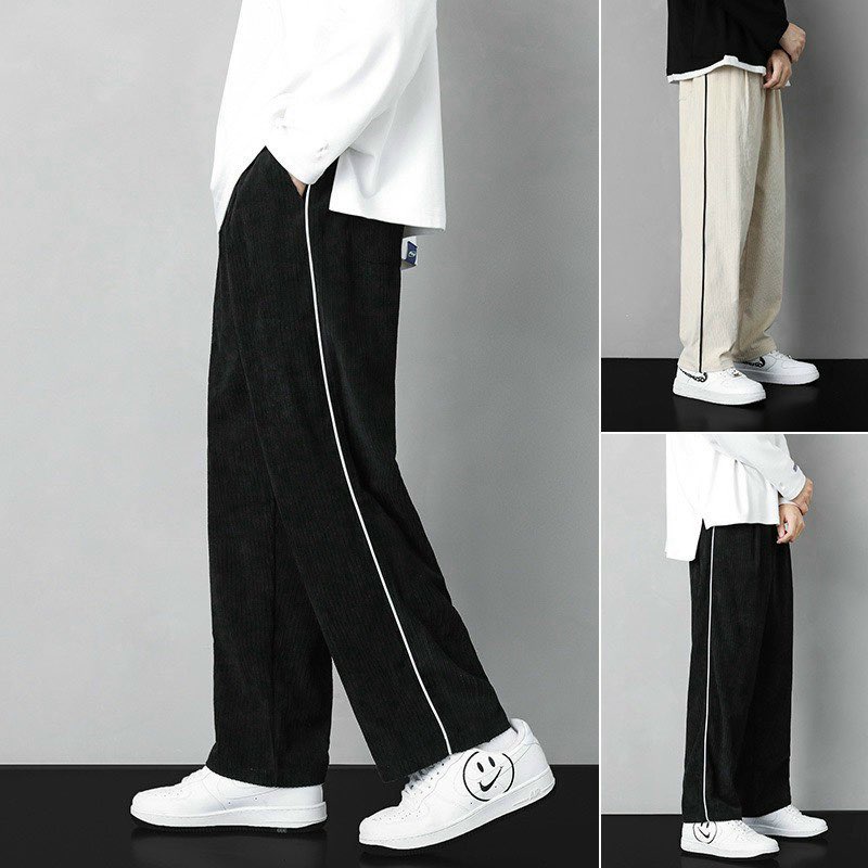 Quần Ống Rộng Nam Nữ Dáng Suông Chất Len Tăm Màu Đen Và Kem Phong Cách Trẻ Trung Năng Động Phong Cách Ulzzang