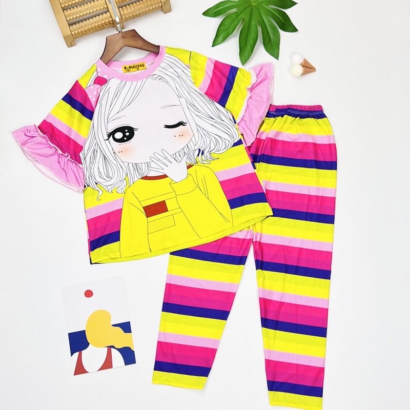 Đồ bộ bé gái size đại vải 3D thun lạnh áo tay ngắn quần dài phối sọc cầu vồng J474