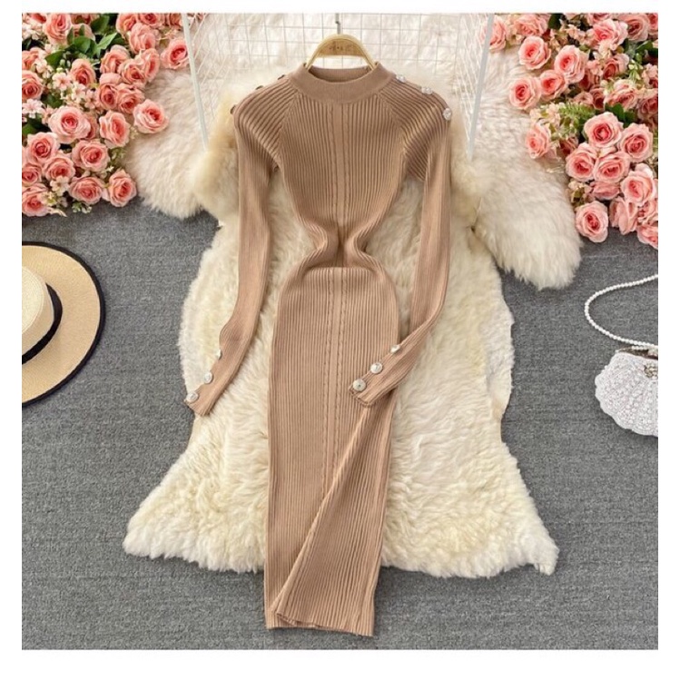 Đầm len body cổ tròn, váy len nữ ôm