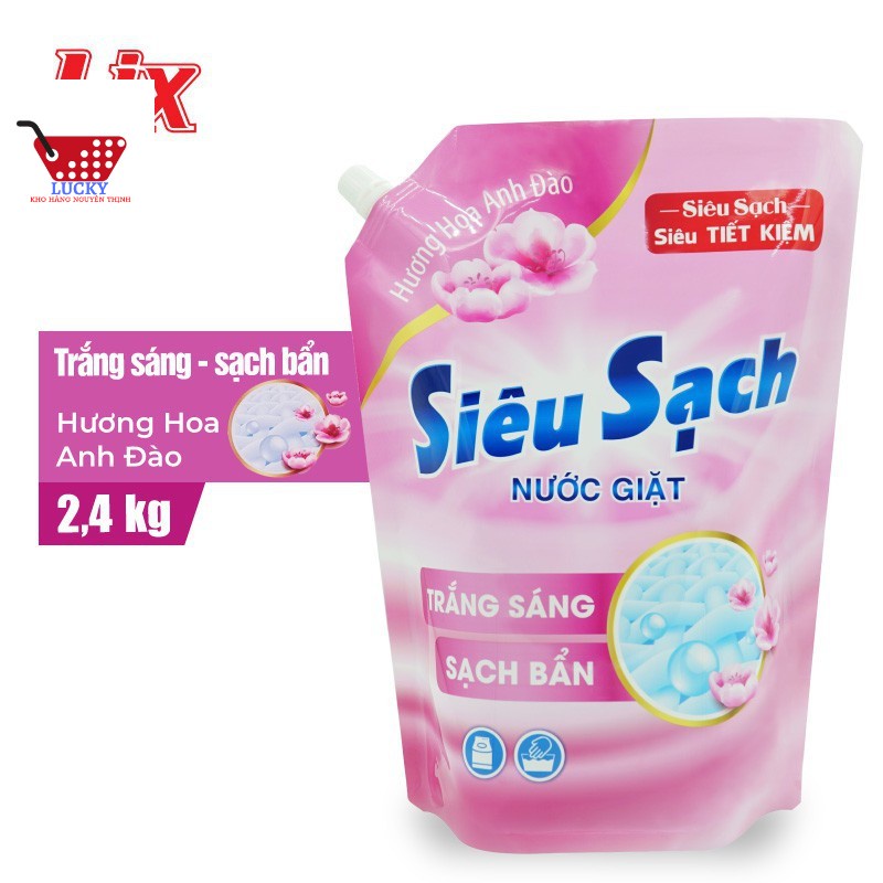 Nước giặt Lix Siêu sạch 2,4kg/túi Hương Hoa Anh Đào - Tẩy Sạch Cực Mạnh Vết Bẩn
