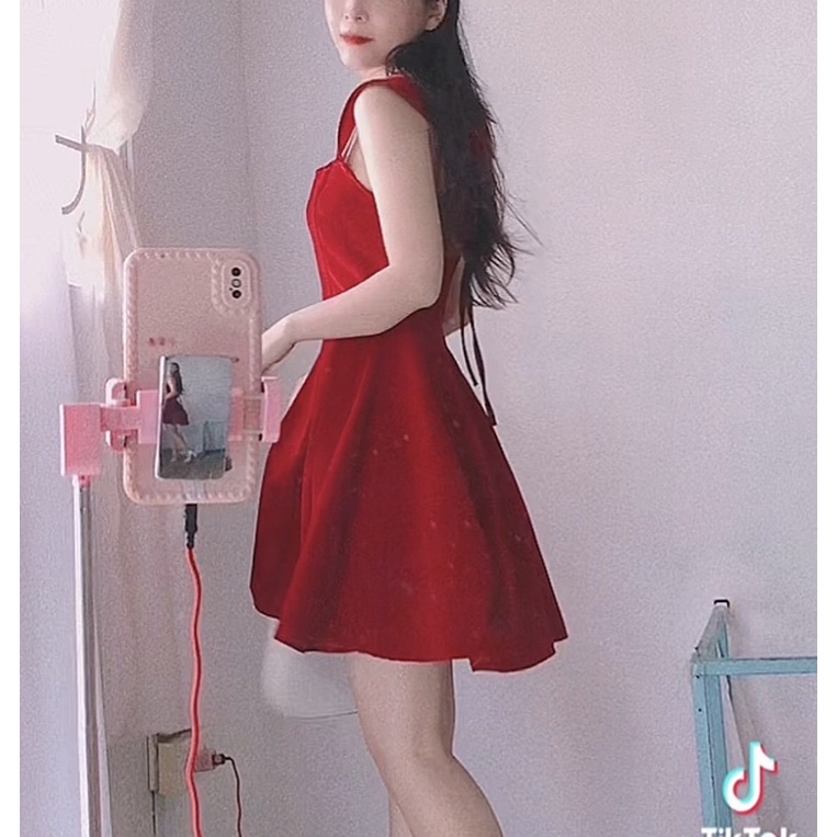 ĐẦM NỮ DÁNG XÒE MÀU ĐỎ CÁNH TIÊN HỞ LƯNG FREESHIP ĐẦM NHUNG DỰ TIỆC SANG CHẢNH 2 DÂY | BigBuy360 - bigbuy360.vn