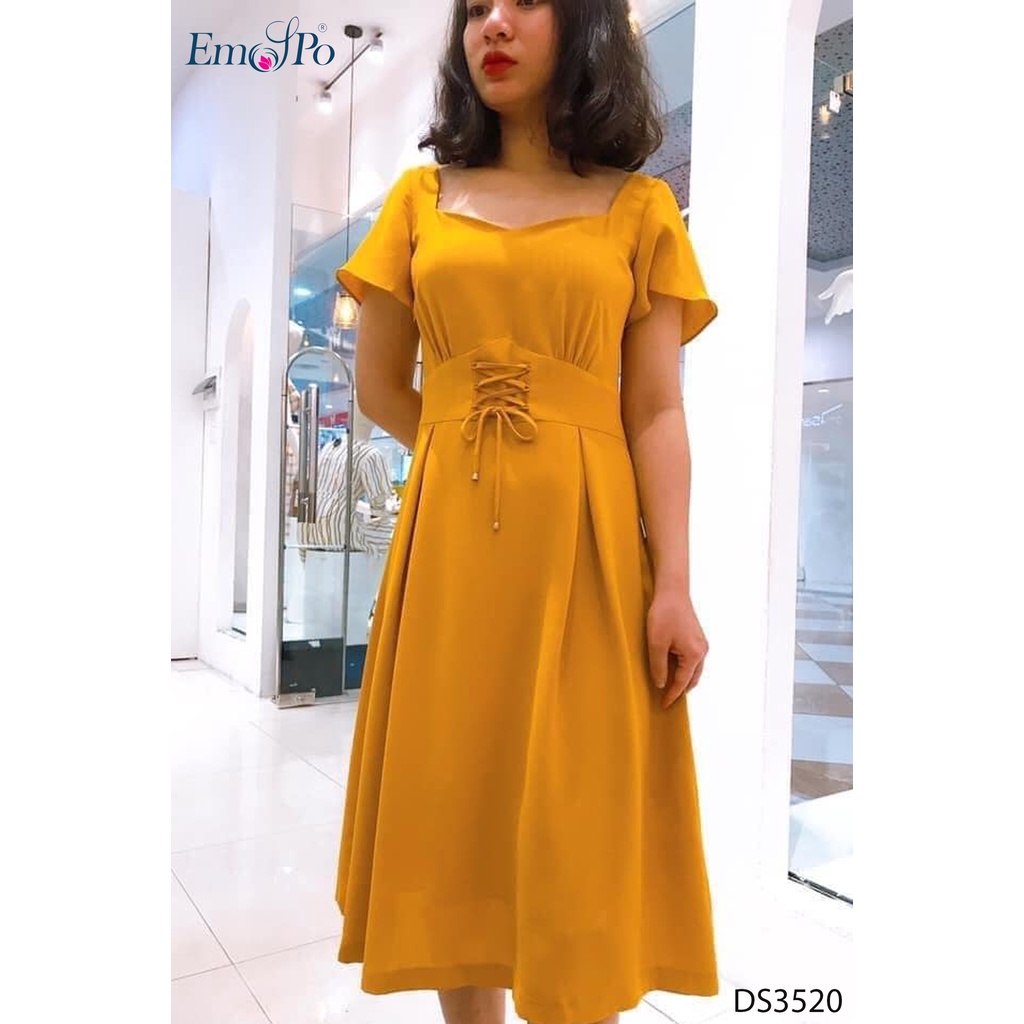 Đầm cổ vuông Emspo tay ngắn, phối đai eo thắt nơ DS3520