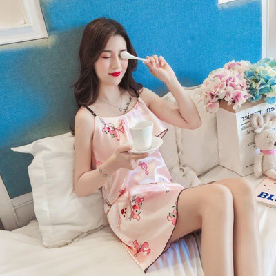 Váy ngủ lụa phi bóng 2 dây kèm bra lót mút dễ thương, đầm ngủ lụa 2 dây hàng Quảng Châu