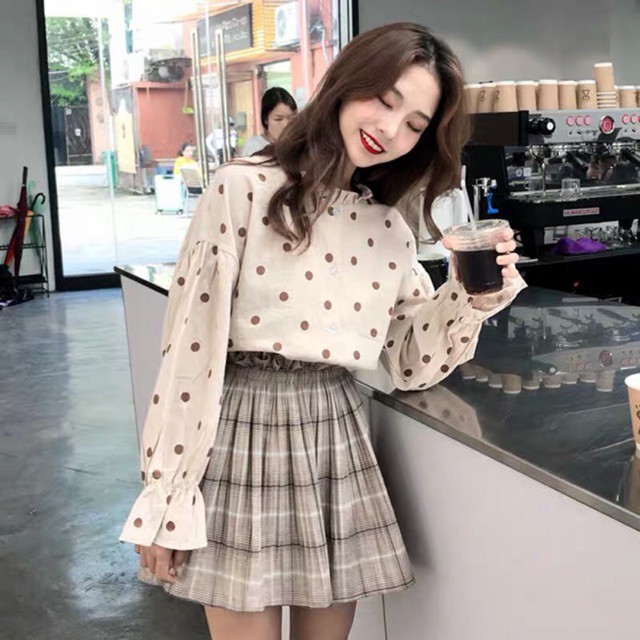 Order Áo sơmi ulzzang cổ bèo tay bo chấm bi (có ảnh thật)