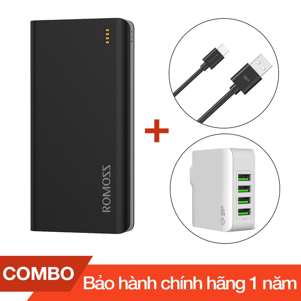 Combo Pin sạc dự phòng 20000mAh Solit 20 Romoss + Cáp sạc microUSB Silicon dài 1m + Cốc sạc 4 cổng USB 4.4A - Chính hãng