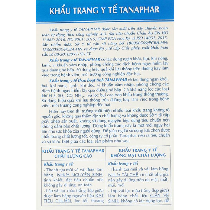 Khẩu trang y tế TANAPHAR 3 lớp hộp 20 chiếc màu trắng ( đã tiệt trùng, có túi đựng riêng)