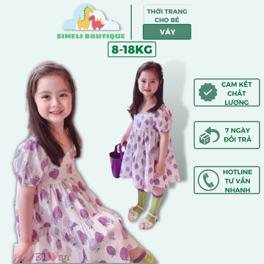 Váy BabyDoll Họa Tiết Dâu Tây Tím Cho Bé Gái Từ 8-18kg (QATE018)